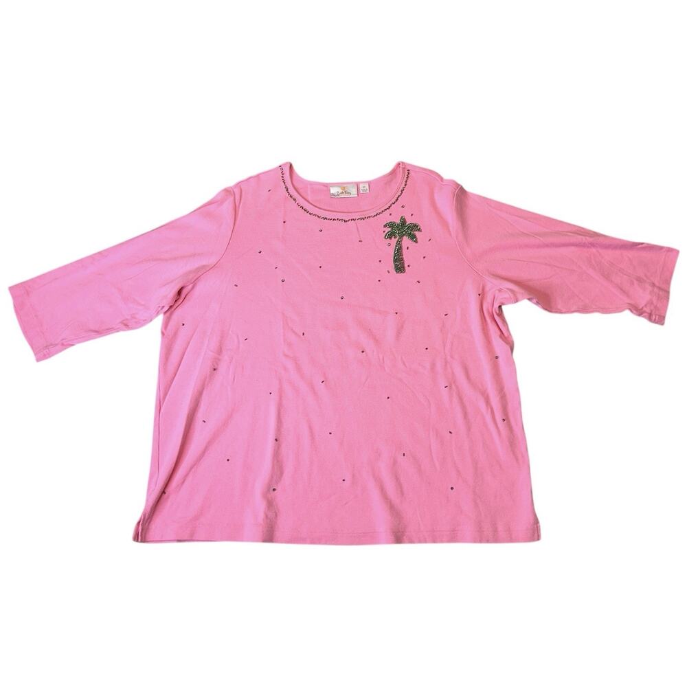 Quacker Factory Embellished 3/4 Sleeve Top 2X Pink Cotton Beaded Palm Tree Slit￼